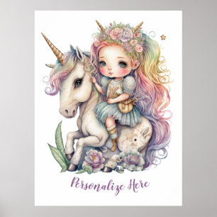 Unicorn Fairy Princess Rainbow Colours Personalise Poster