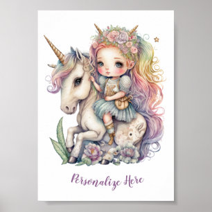 Unicorn Fairy Princess Rainbow Colours Personalise Poster