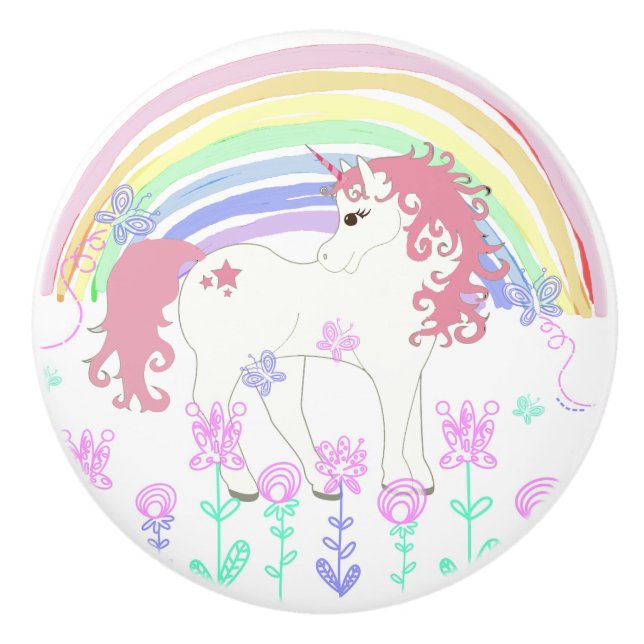 Unicorn Fairy Tale, Rainbow, Flowers and Butterfly Ceramic Knob (Front)