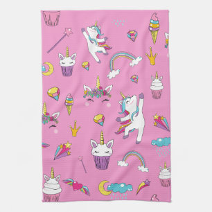 Unicorn Fan Club pattern Pink         Tea Towel