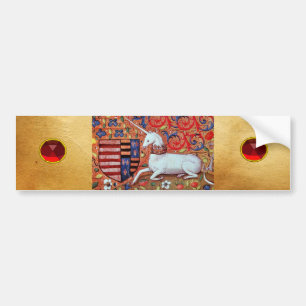 UNICORN,FANTASY FLORAL MOTIFS,RED RUBY GEMSTONES BUMPER STICKER