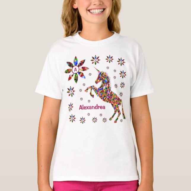  Unicorn Fantasy Flowers Glitter Personalise  T-Shirt (Front)