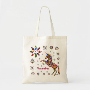 Unicorn Fantasy Flowers Glitter Personalise Tote Bag