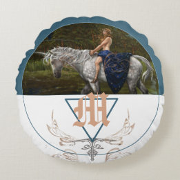 Unicorn fantasy illustration monogram round cushion