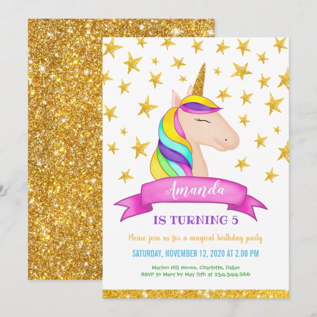 Unicorn Faux Gold Glitter Stars | Birthday Invitation (Front/Back)