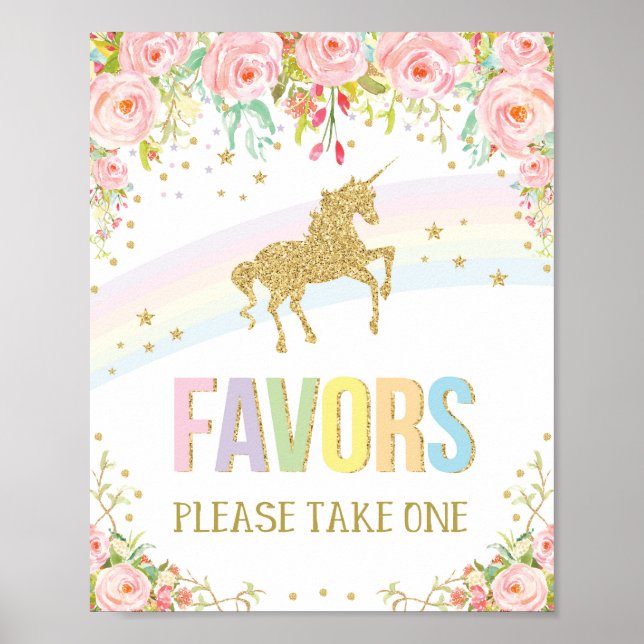 Unicorn Favours Rainbow Candy Bar Pink Gold Floral Poster (Front)