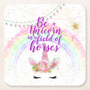 Unicorn Field Horses Pink Gold Glitter Girls Gifts Square Paper Coaster