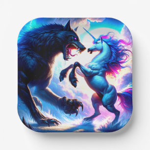 Unicorn Fighting a Warewolf Paper Plate