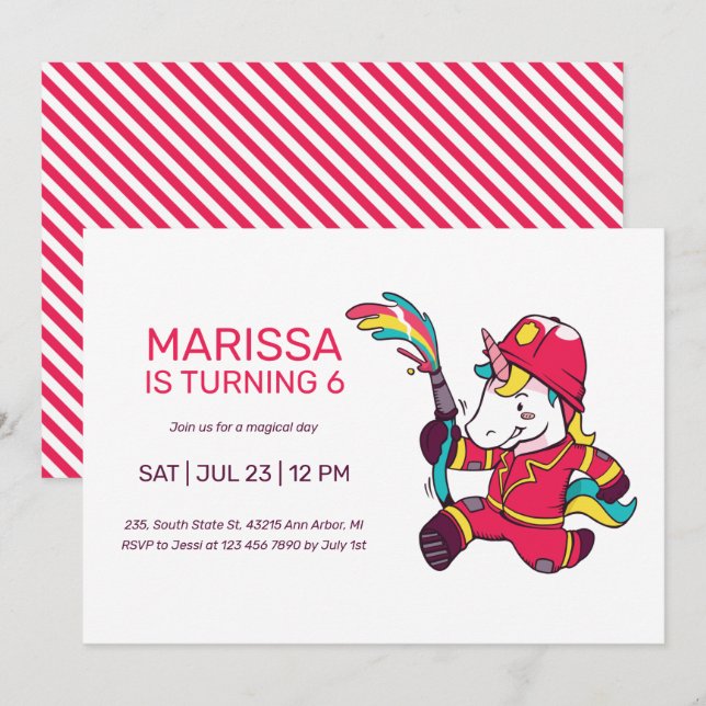 Unicorn Firefighter Cartoon Kids Birthday Invitation (Front/Back)