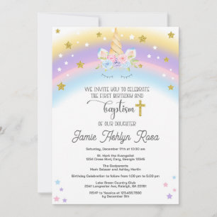 Unicorn first birthday and baptism invitation. invitation