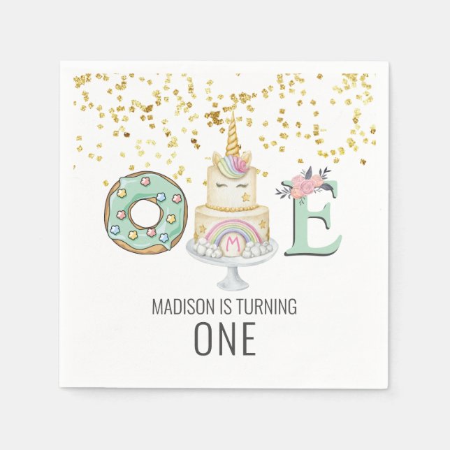 Unicorn First Birthday Gold Aqua Pink  Napkins (Front)