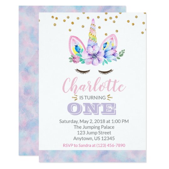 Unicorn First Birthday Invitation Watercolor Zazzle Co Uk