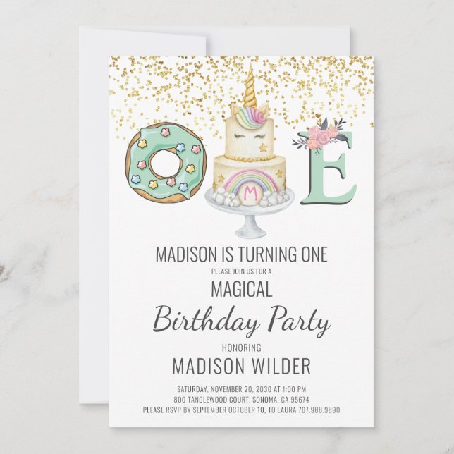 Unicorn First Birthday Party Invitation (Front)