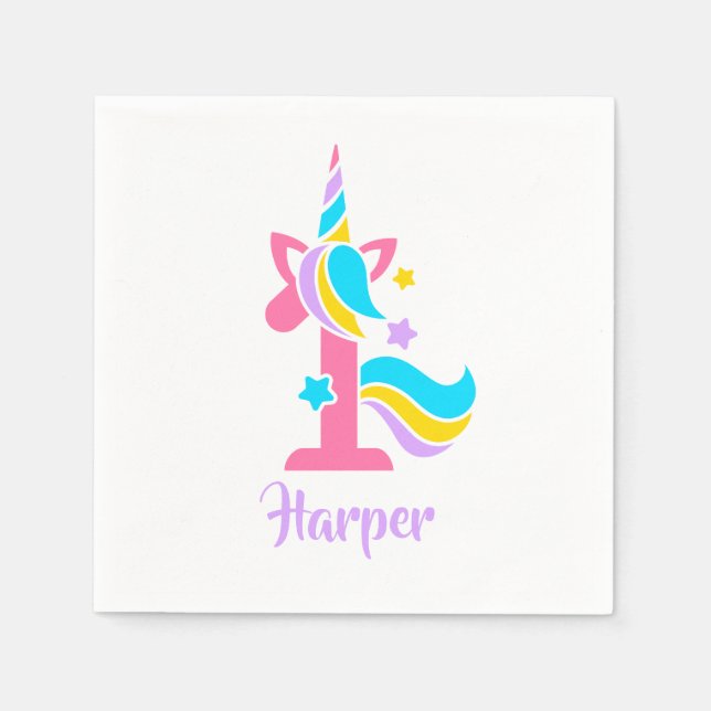 Unicorn First Birthday Pink and Purple Napkin (Front)
