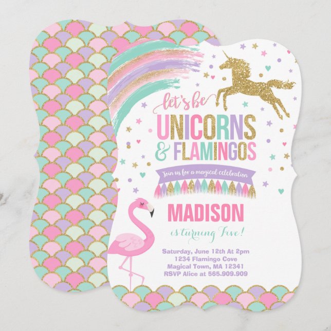 Unicorn & Flamingo Birthday Invitation Magic Party (Front/Back)
