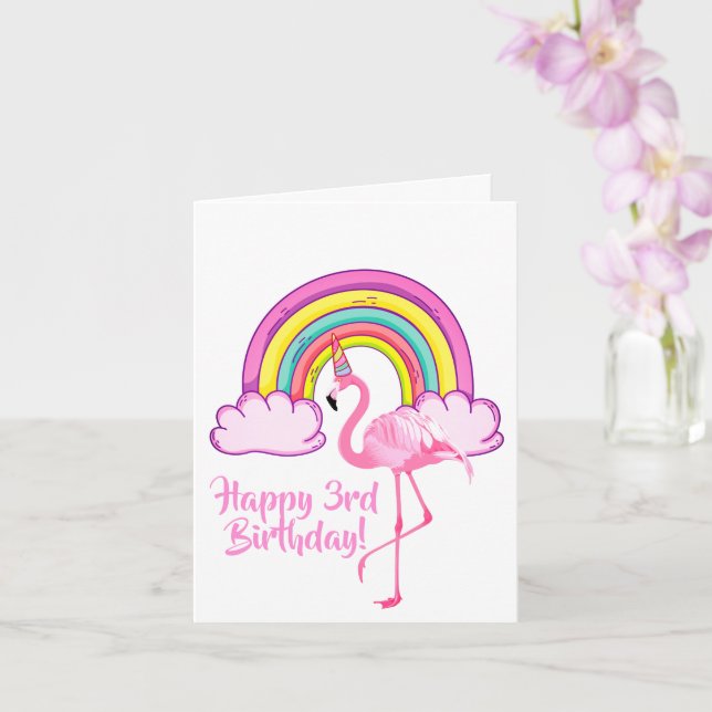 Unicorn Flamingo Magical Rainbow Girl 3rd Birthday Card (Orchid)