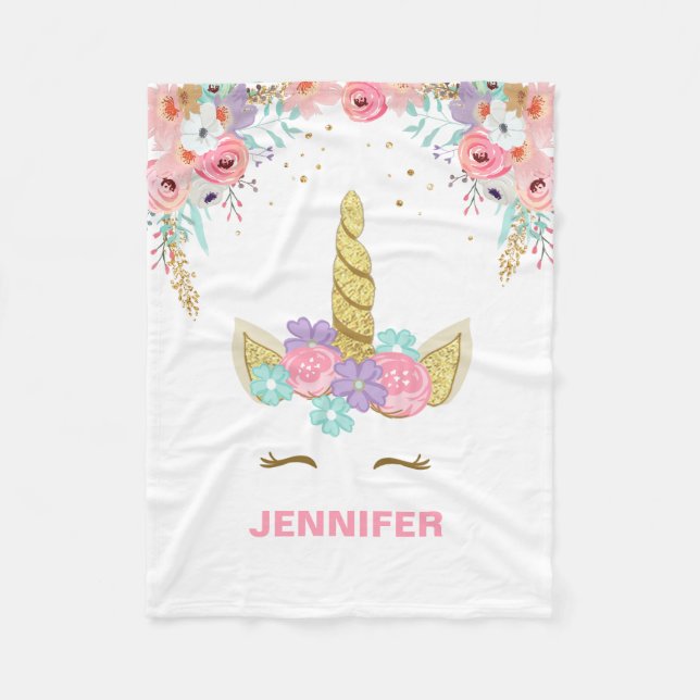 Unicorn Fleece Blanket personalised Girl Floral (Front)