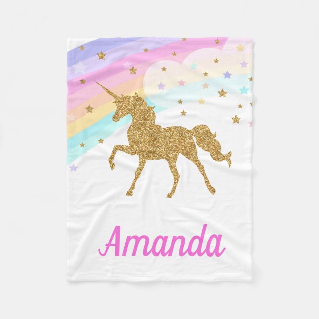 Unicorn Fleece Blanket, Pink & Gold (Front)