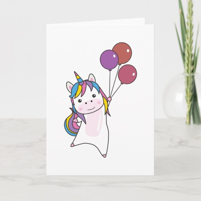 Unicorn Flies With Balloons Above Cute Unicorns Card (Front)