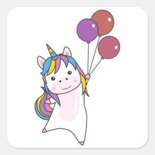 Unicorn Flies With Balloons Above Cute Unicorns Square Sticker