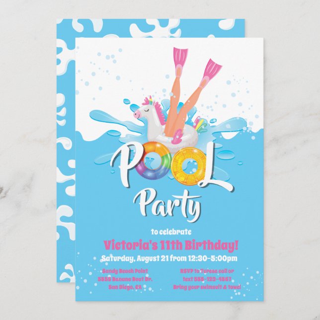 Unicorn Flippers Pool Party Invitation (Front/Back)