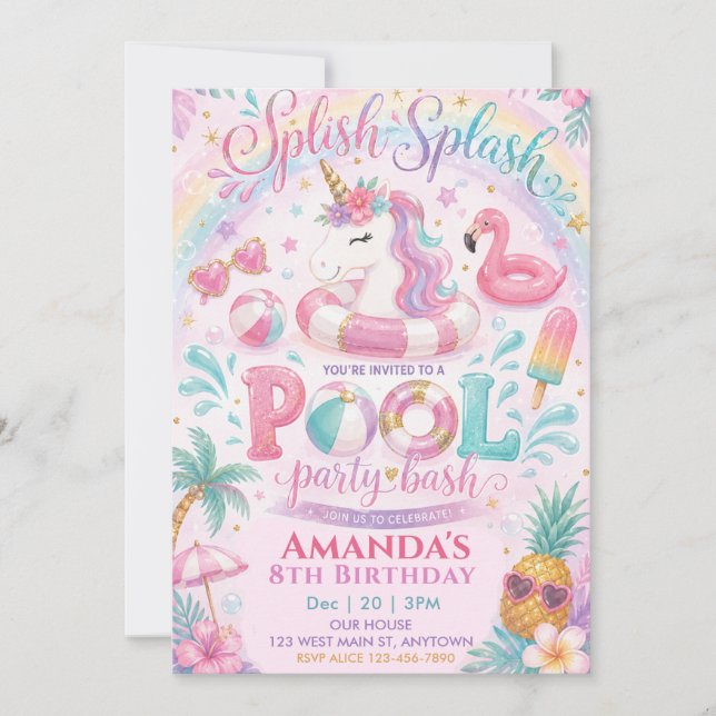 Unicorn Float Splish Splash Pool Girl birthday Invitation (Front)