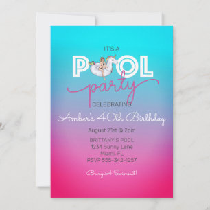 Unicorn Float Summer Pool 40th Birthday Party Invitation
