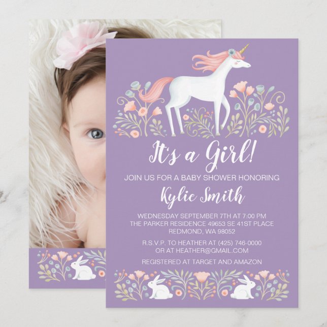 Unicorn Floral Baby Shower Announcement (Front/Back)
