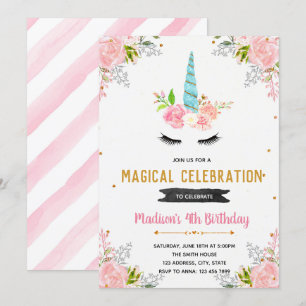 Unicorn floral birthday invitation