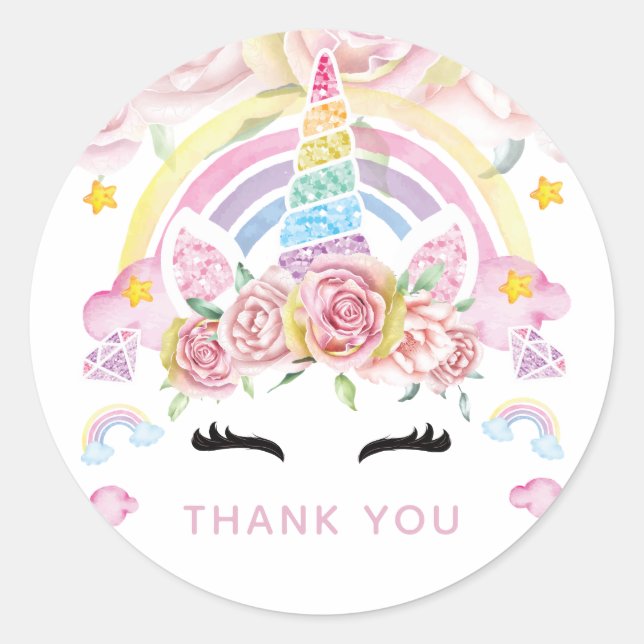 Unicorn Floral Birthday Thank you Classic Round Sticker (Front)