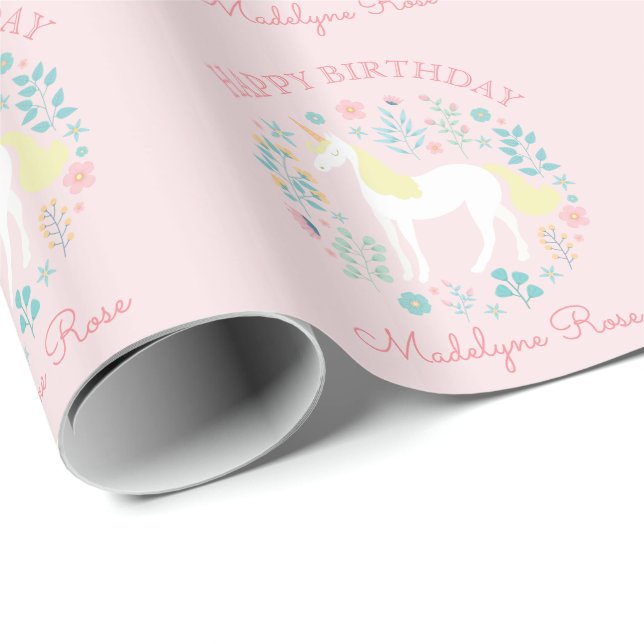 Unicorn Floral Blush Pink Personalised Birthday Wrapping Paper (Roll Corner)