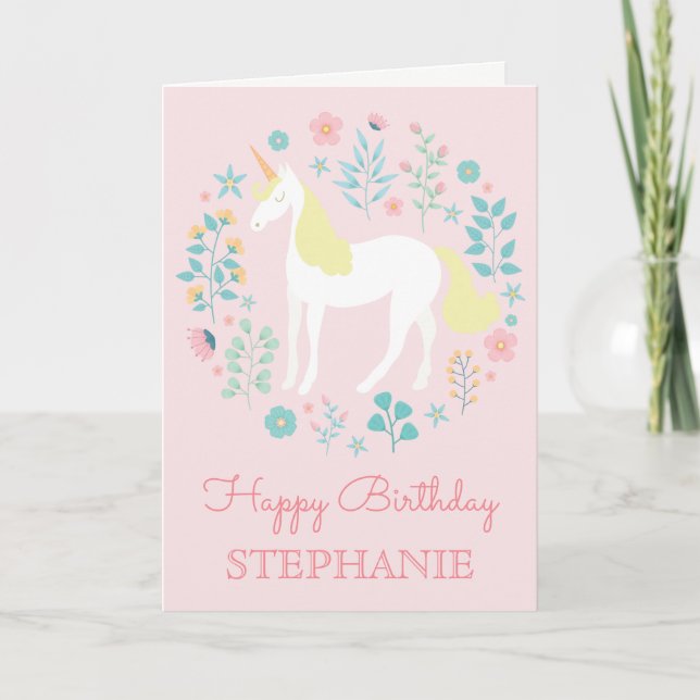 Unicorn Floral Blush Pink Personalized Birthday Card (Front)