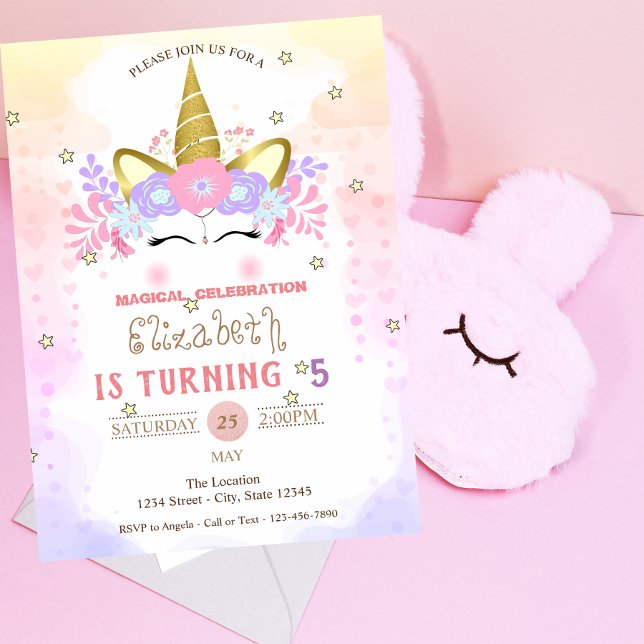 Unicorn Floral Crown,Pastel Birthday Invitation (Creator Uploaded)
