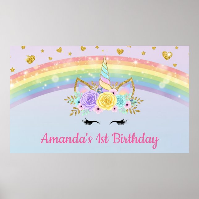 Unicorn Floral Crown Rainbow Birthday Poster (Front)