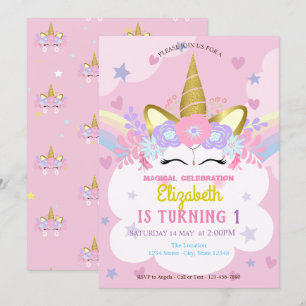 Unicorn Floral Crown Rainbow Hearts Stars Birthday Invitation