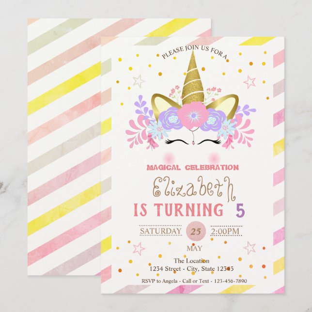 Unicorn Floral Crown, Striped Birthday Invitation (Front/Back)