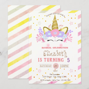 Unicorn Floral Crown, Striped Birthday Invitation