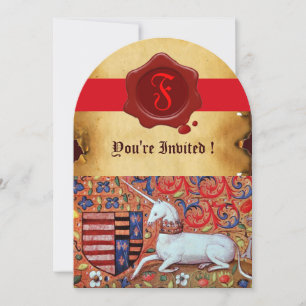 UNICORN FLORAL PARCHMENT RED WAX SEAL MONOGRAM INVITATION