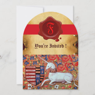 UNICORN FLORAL PARCHMENT RED WAX SEAL MONOGRAM INVITATION