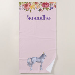 Unicorn Floral Personalised Name Beach Towel