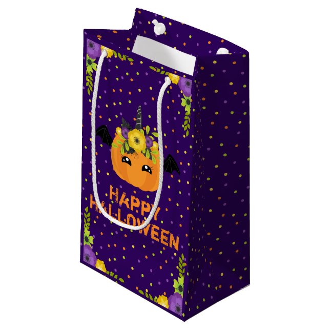 Unicorn Floral Pumpkin Happy Halloween Purple Smal Small Gift Bag (Front Angled)