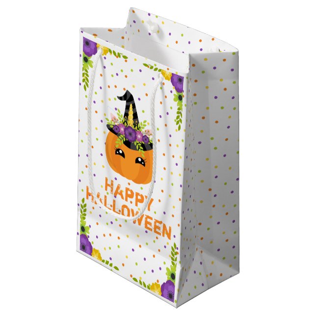 Unicorn Floral Pumpkin Happy Halloween White Small Small Gift Bag (Front Angled)
