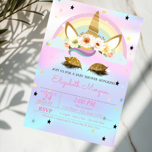 Unicorn Floral Rainbow Holographic Baby Shower Invitation