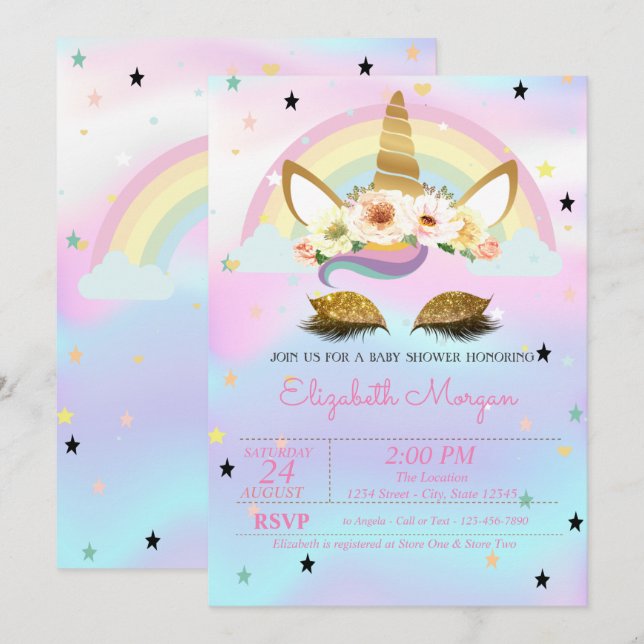 Unicorn Floral Rainbow Holographic Baby Shower Invitation (Front/Back)