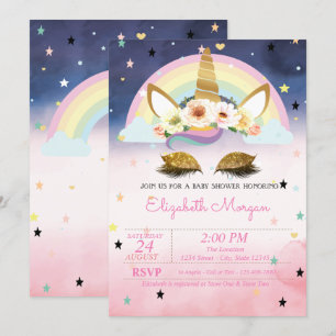 Unicorn Floral Rainbow Ombre Baby Shower Invitation
