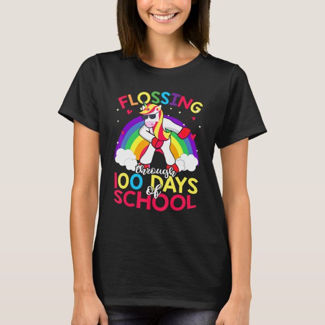 Unicorn Flossing Through 100 Days Of School 100th  T-Shirt (Front)