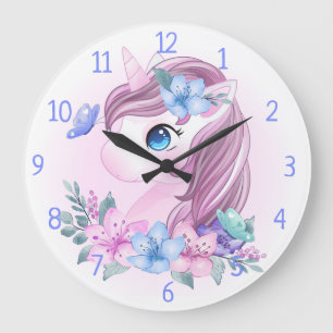 Unicorn, Flowers and Butterflies  Large Clock