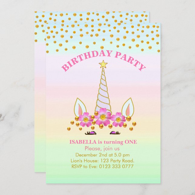 Unicorn, Flowers and Confetti Birthday Invitation (Front/Back)