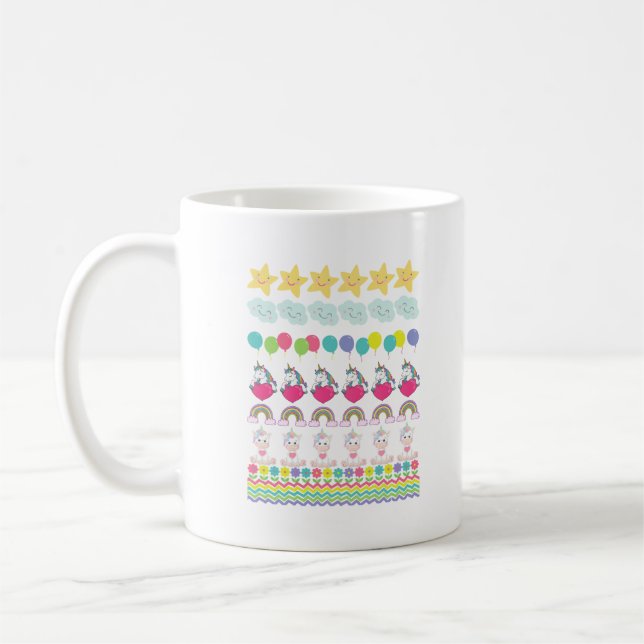Unicorn, Flowers, Balloons, Clouds, Sun & Rainbow Coffee Mug (Left)