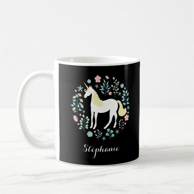 Unicorn & Flowers Black Personalised Coffee Mug (Left)